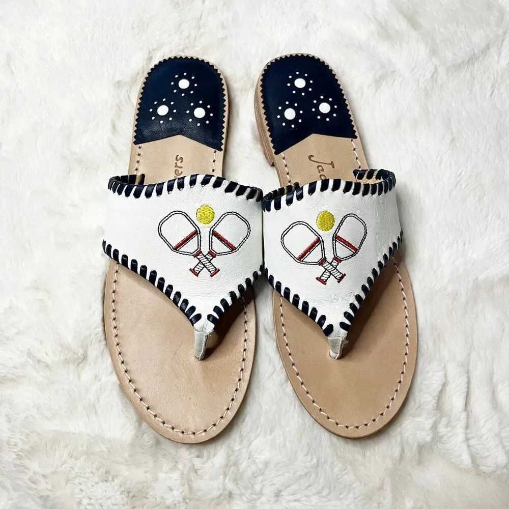 Jack Rogers Pickleball‎ Embroidered Whipstitch Flat Thong Sandals NWOT Size 9